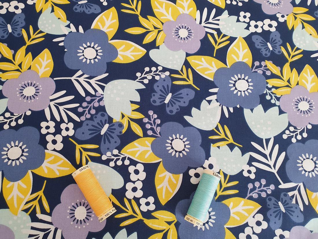 Flower Mix & Butterflies on a Navy Background 100% Cotton