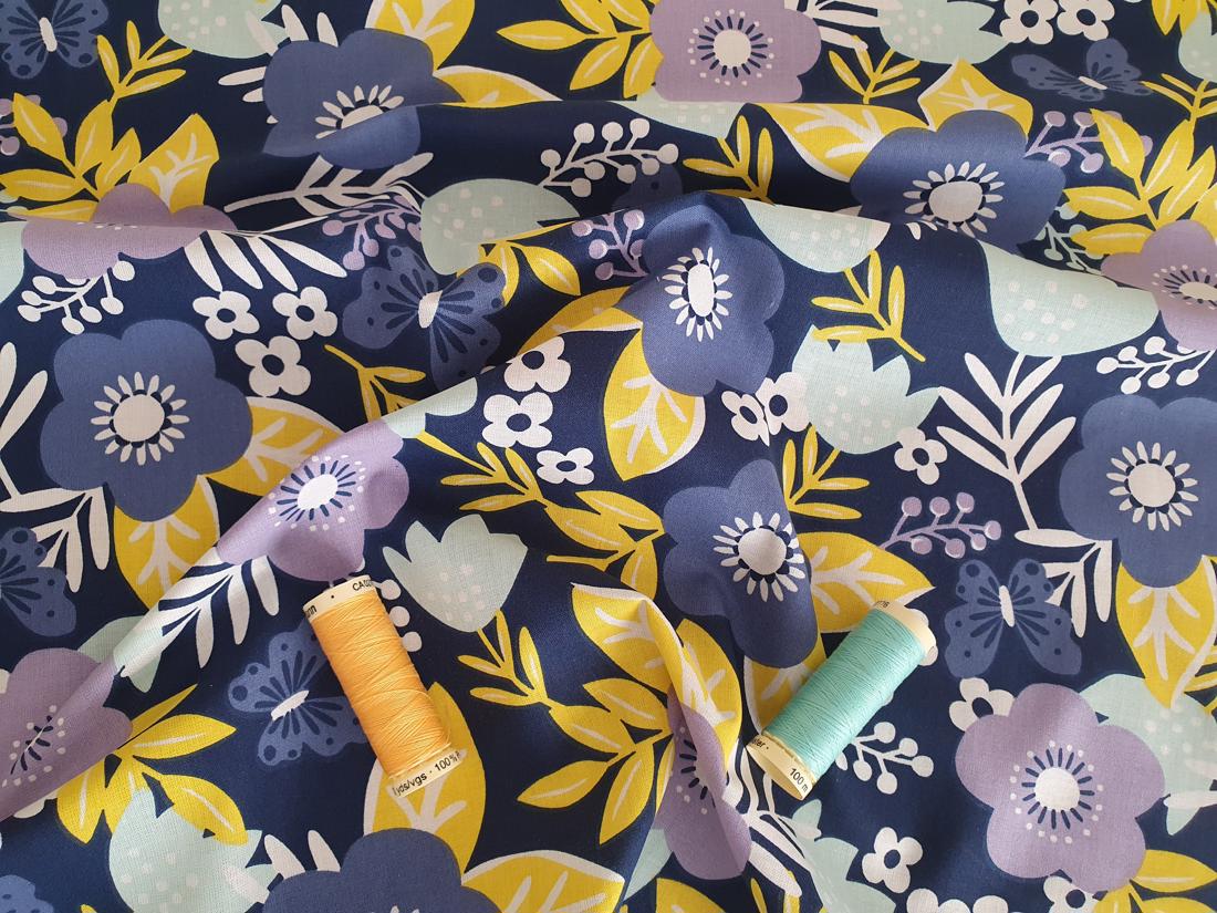 Flower Mix &amp; Butterflies on a Navy Background 100% Cotton