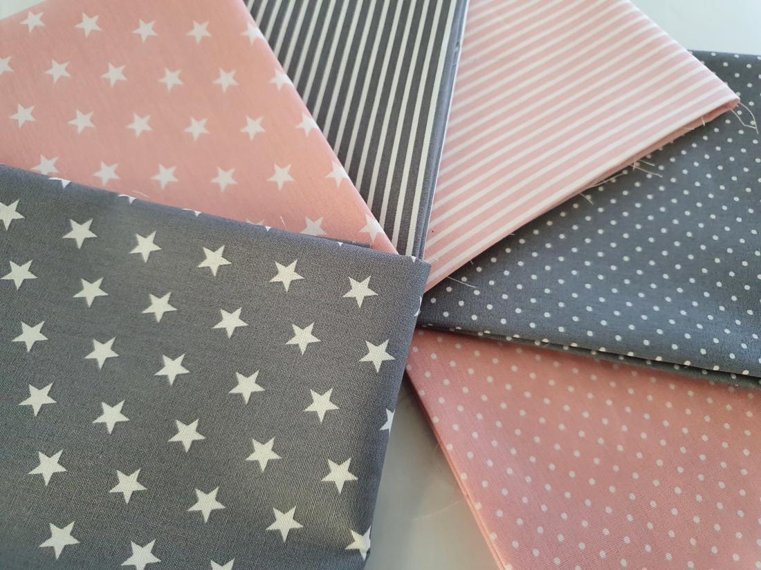 Stars Stripes &amp; Pin Spots Pink &amp; Grey Mix Fat Quarter Bundle 100% Cotton