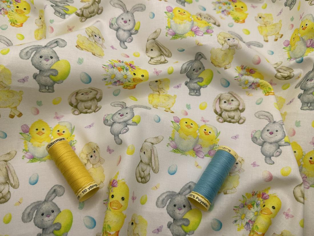 Easter Collection Bunnies Chicks Lambs Eggs &amp; Flowers 100% Cotton Digitally Printed
