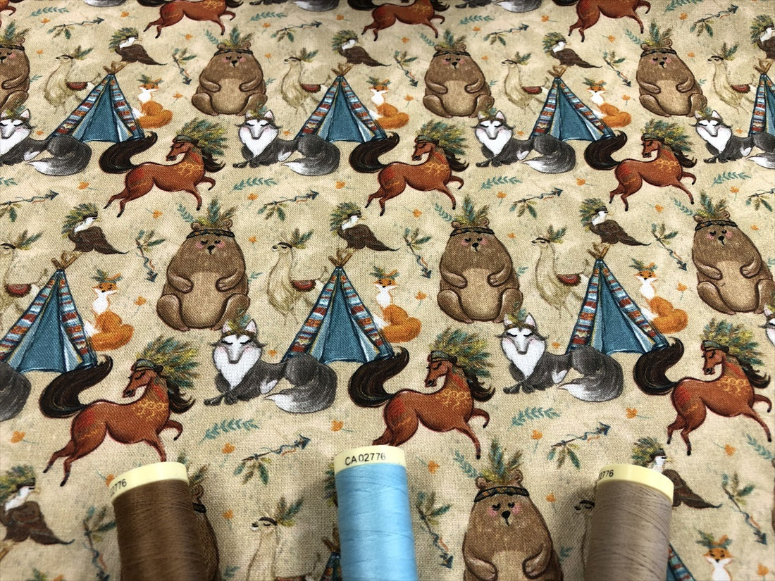 Wigwam Teepee Bears Horses Foxes Woodland Animal Design on a Beige Background Digital Print 100% Cotton