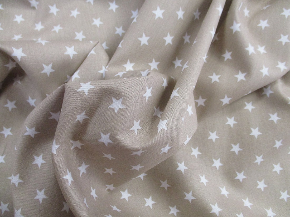 Stars 8mm White on a Beige Background 100% Cotton - The Little Fabric Shop