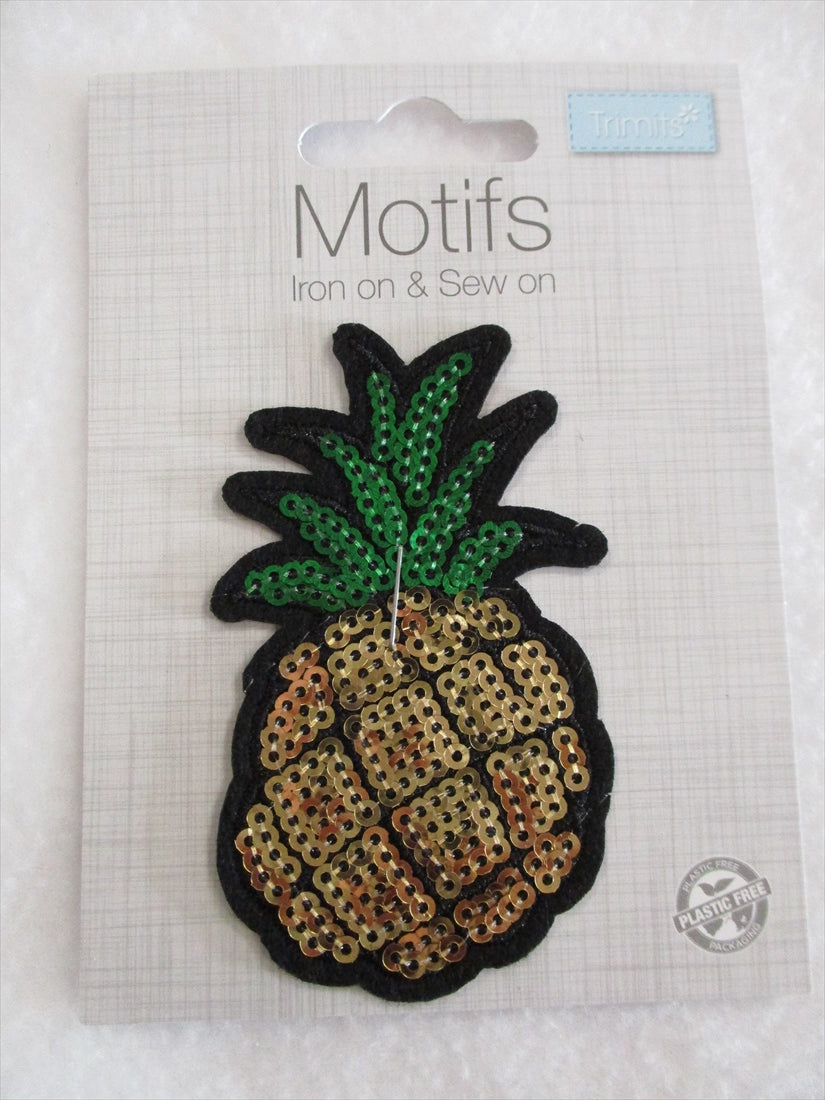 Sequin Pineapple Iron On or Sew on Embroidered Fabric Motif 8.5cm x 5cm