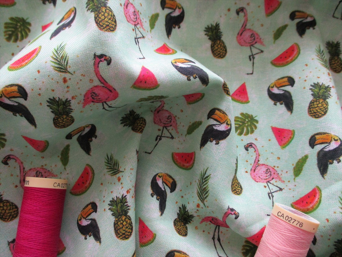 Tropical Fruit &amp; Flamingos on a Mint Background Digital Print 100% Cotton