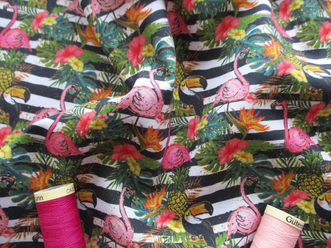 Tropical Flowers &amp; Flamingos Black Stripes on a White Background Digital Print 100% Cotton