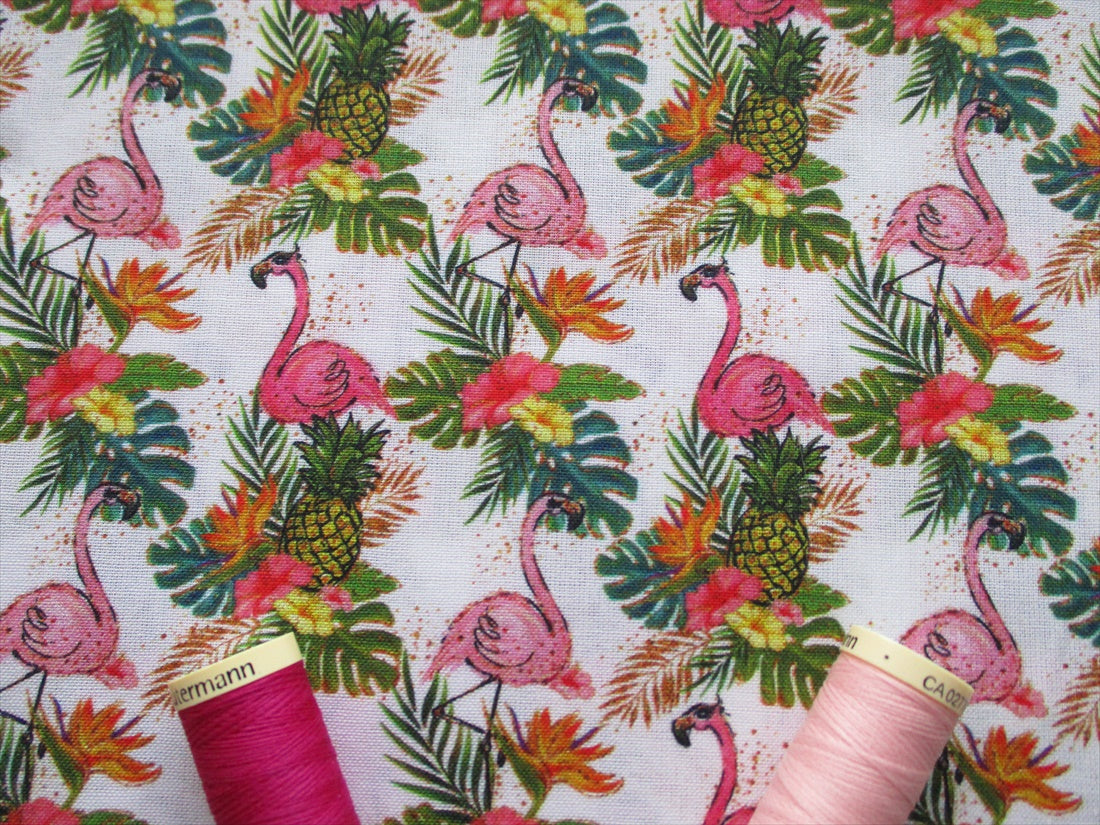 Tropical Flowers & Flamingos on a White Background Digital Print 100% Cotton