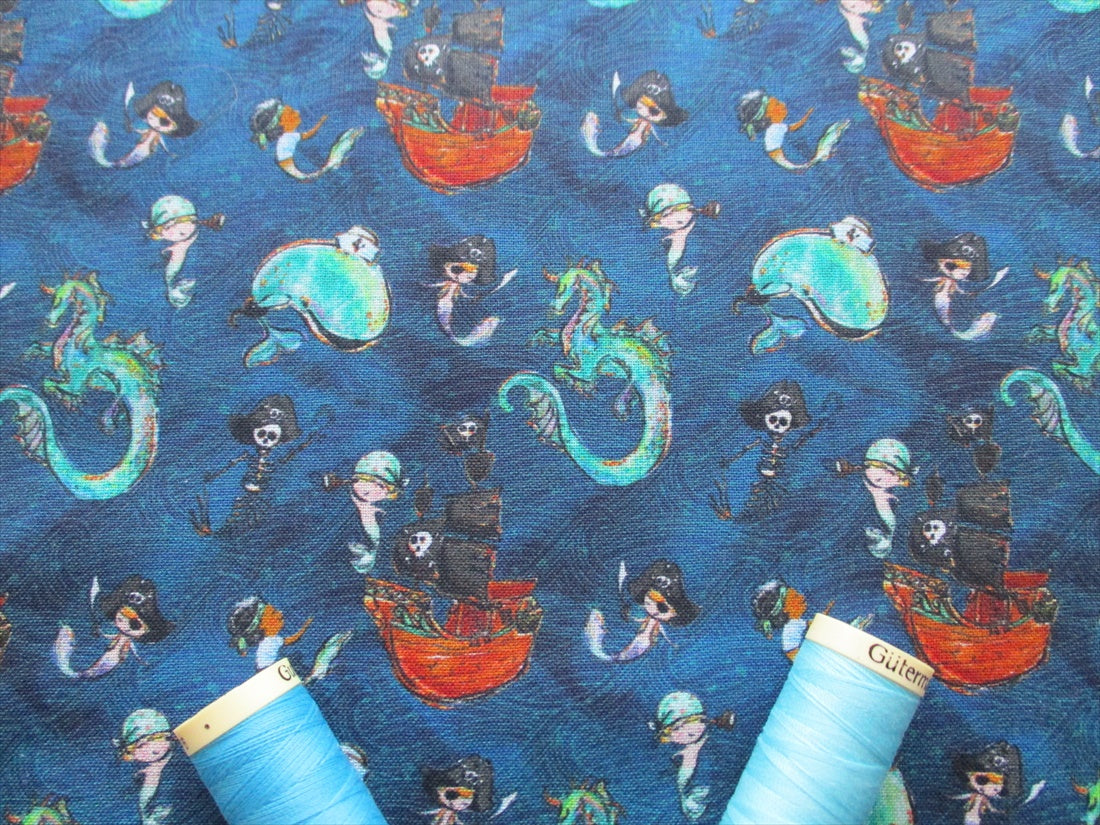 Pirates Mermaids Whales & Dragons on a Petrol Blue Background Digital Print 100% Cotton