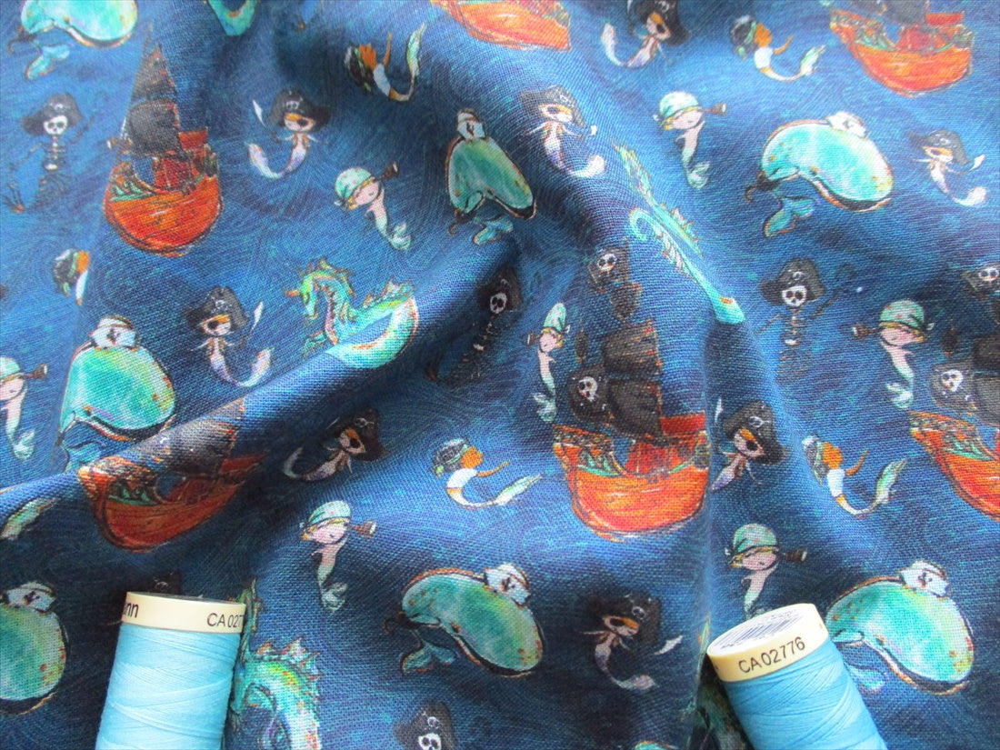 Pirates Mermaids Whales &amp; Dragons on a Petrol Blue Background Digital Print 100% Cotton