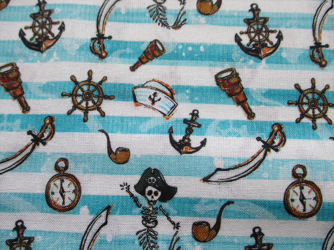 Pirates & Nautical Notions Aqua Stripes on a White Background Digital Print 100% Cotton