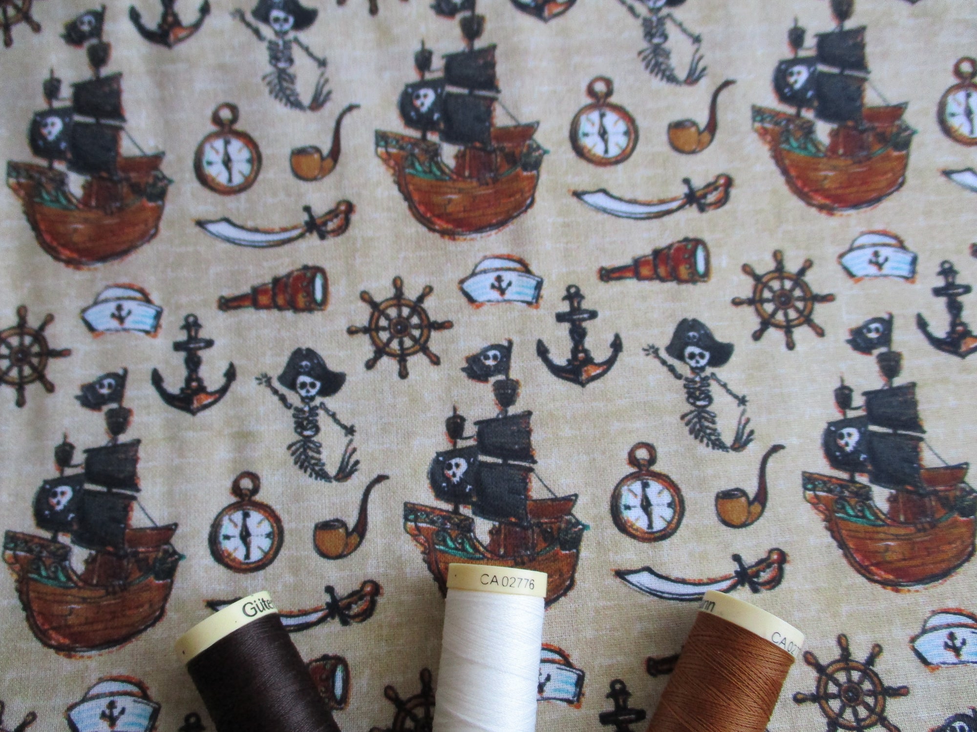 Pirate Ships & Nautical Notions on a Beige Background Digital Print 100% Cotton