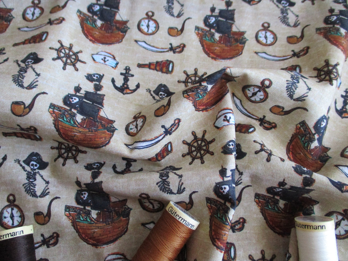 Pirate Ships &amp; Nautical Notions on a Beige Background Digital Print 100% Cotton