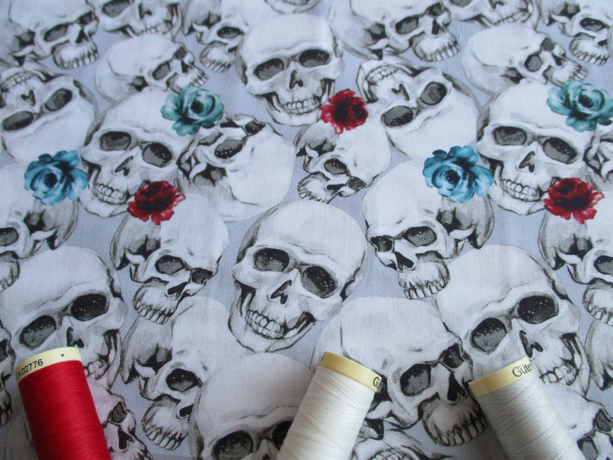 Skulls &amp; Roses on a Silver Grey Background Digital Print 100% Cotton