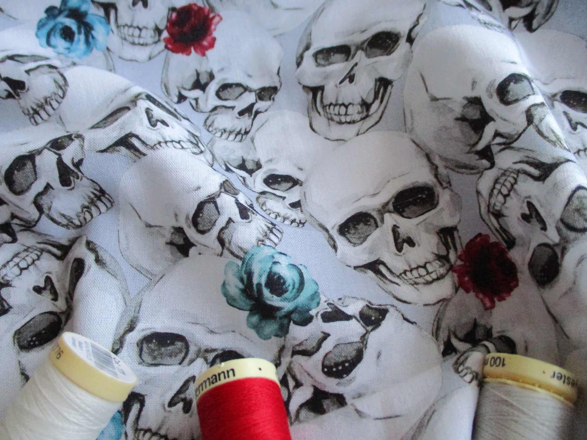 Skulls & Roses on a Silver Grey Background Digital Print 100% Cotton