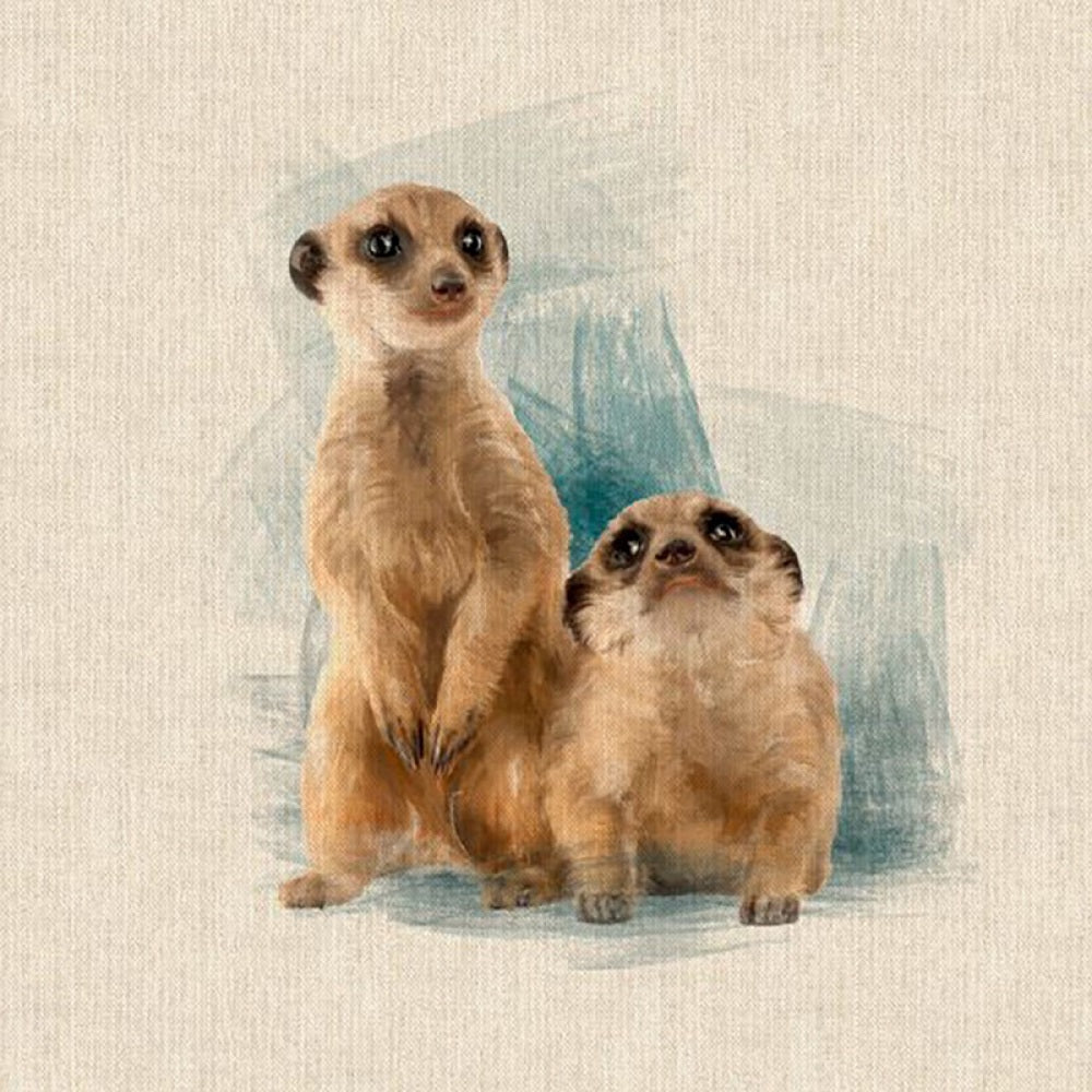 Pop Art Prints Linen Digital Panel Meerkats on a Natural Background 45cm x 45cm (18”x18”) 80% Cotton 20% Polyester